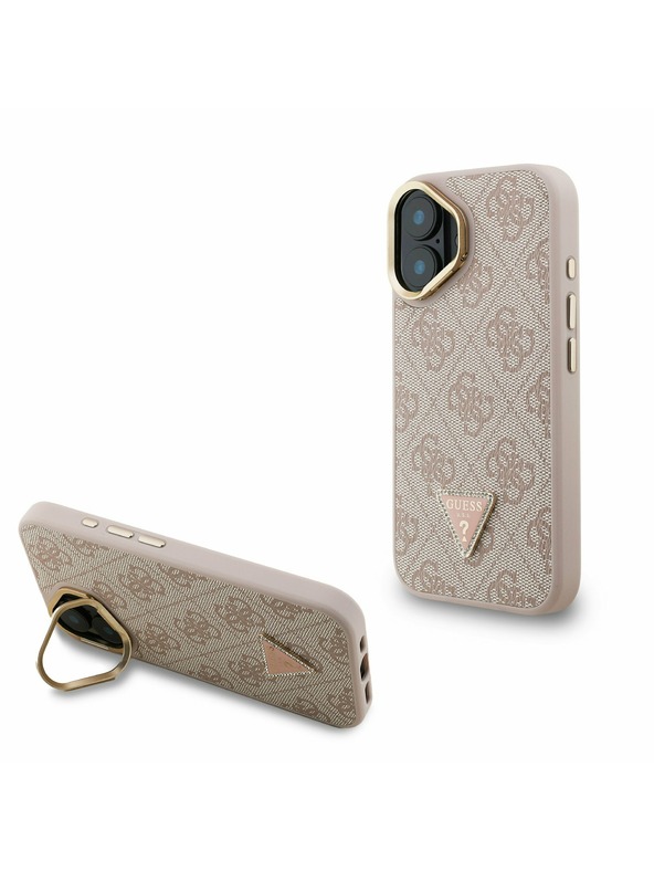Guess Guess PU 4G Strass Triangle Logo Stand Camera Frame MagSafe Zadní Kryt pro iPhone 16 Pink