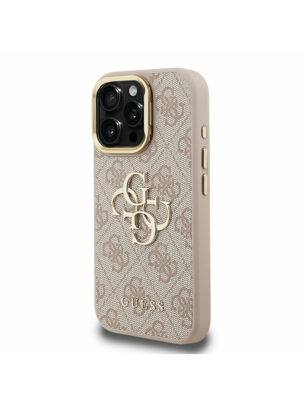 Guess Guess PU 4G Metal Logo Stand Camera Frame Zadní Kryt pro iPhone 15 Pro Max Pink