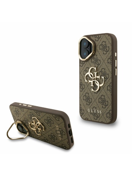 Guess Guess PU 4G Metal Logo Stand Camera Frame Zadní Kryt pro iPhone 16 Brown