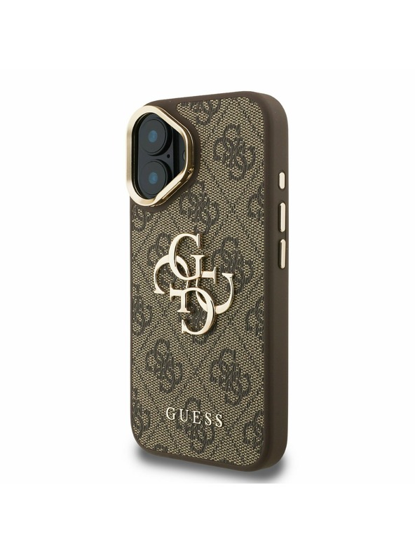 Guess Guess PU 4G Metal Logo Stand Camera Frame Zadní Kryt pro iPhone 16 Brown