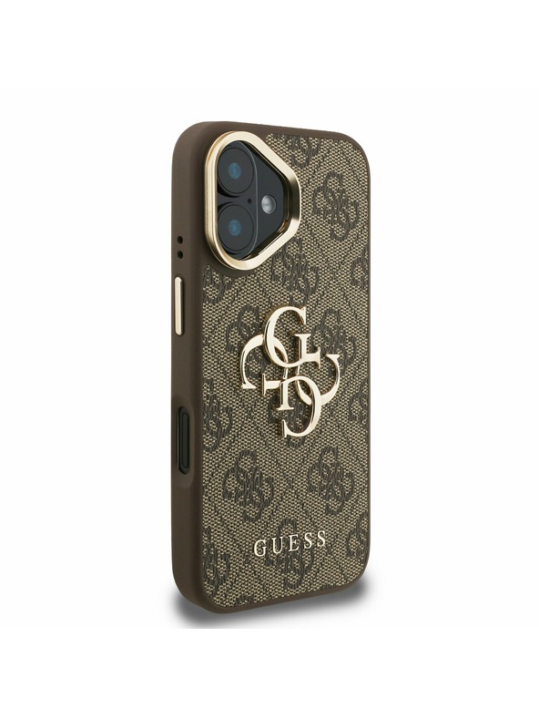 Guess Guess PU 4G Metal Logo Stand Camera Frame Zadní Kryt pro iPhone 16 Brown
