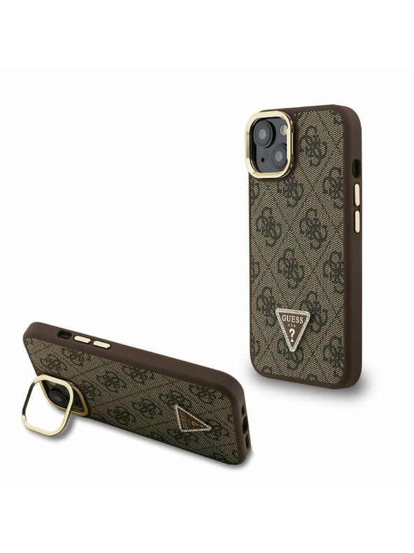 Guess Guess PU 4G Strass Triangle Logo Stand Camera Frame MagSafe Zadní Kryt pro iPhone 15 Brown