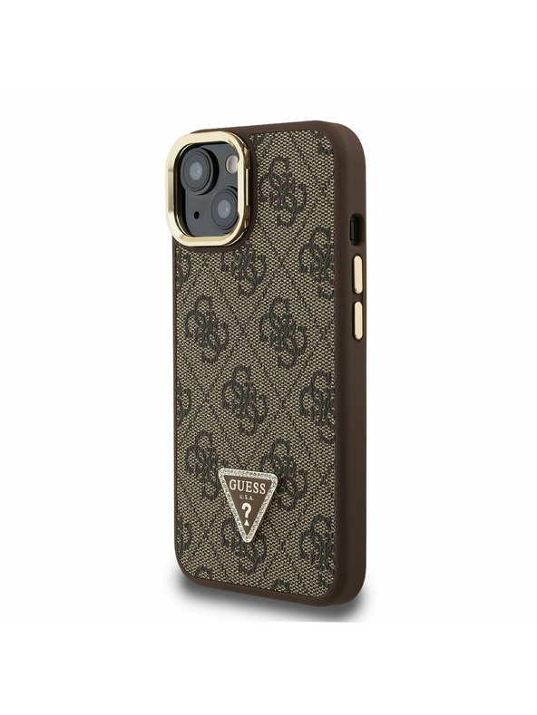 Guess Guess PU 4G Strass Triangle Logo Stand Camera Frame MagSafe Zadní Kryt pro iPhone 15 Brown
