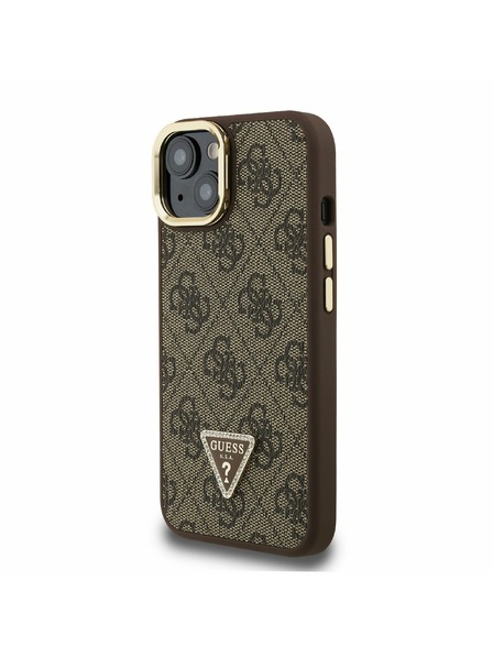 Guess Guess PU 4G Strass Triangle Logo Stand Camera Frame MagSafe Zadní Kryt pro iPhone 15 Brown