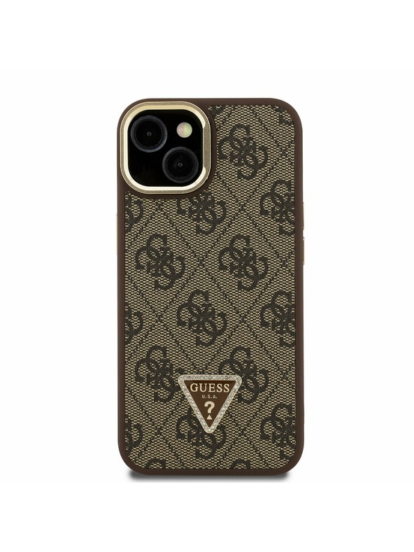 Guess Guess PU 4G Strass Triangle Logo Stand Camera Frame MagSafe Zadní Kryt pro iPhone 15 Brown
