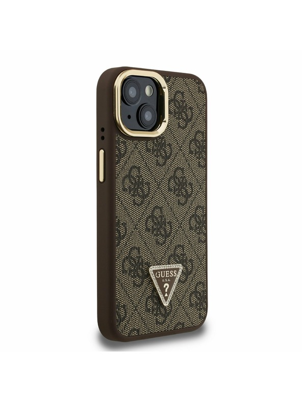 Guess Guess PU 4G Strass Triangle Logo Stand Camera Frame MagSafe Zadní Kryt pro iPhone 15 Brown