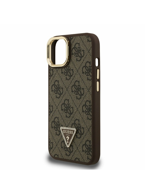 Guess Guess PU 4G Strass Triangle Logo Stand Camera Frame MagSafe Zadní Kryt pro iPhone 15 Brown