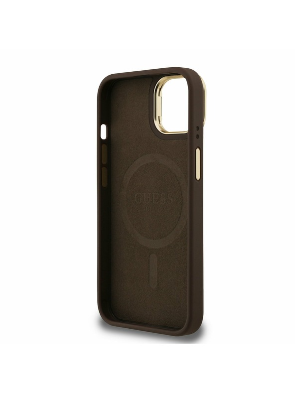 Guess Guess PU 4G Strass Triangle Logo Stand Camera Frame MagSafe Zadní Kryt pro iPhone 15 Brown
