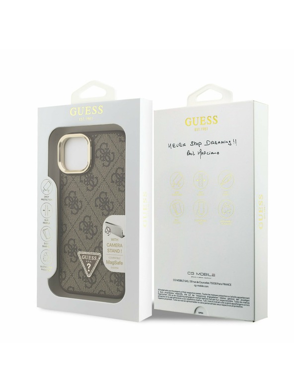 Guess Guess PU 4G Strass Triangle Logo Stand Camera Frame MagSafe Zadní Kryt pro iPhone 15 Brown