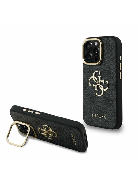 Guess Guess PU 4G Metal Logo Stand Camera Frame Zadní Kryt pro iPhone 15 Pro Max Black
