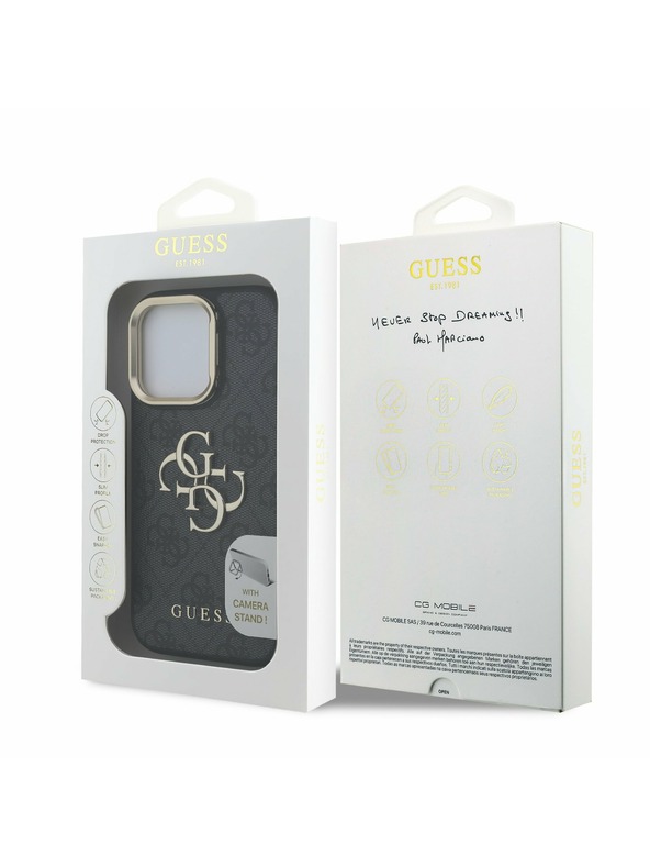 Guess Guess PU 4G Metal Logo Stand Camera Frame Zadní Kryt pro iPhone 15 Pro Max Black