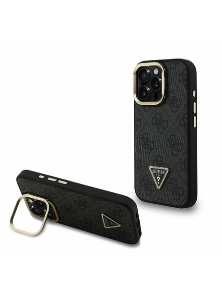 Guess Guess PU 4G Strass Triangle Logo Stand Camera Frame MagSafe Zadní Kryt pro iPhone 16 Pro Black