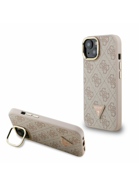 Guess Guess PU 4G Strass Triangle Logo Stand Camera Frame MagSafe Zadní Kryt pro iPhone 15 Pink