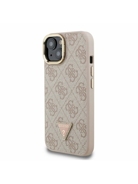 Guess Guess PU 4G Strass Triangle Logo Stand Camera Frame MagSafe Zadní Kryt pro iPhone 15 Pink