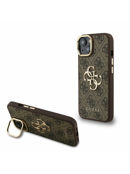 Guess Guess PU 4G Metal Logo Stand Camera Frame Zadní Kryt pro iPhone 15 Brown