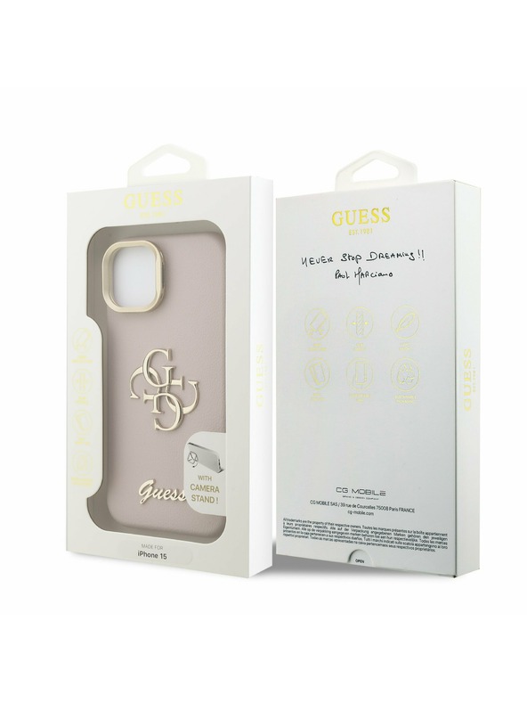 Guess Guess PU Grained 4G Logo Stand Camera Frame Zadní Kryt pro iPhone 15 Pink