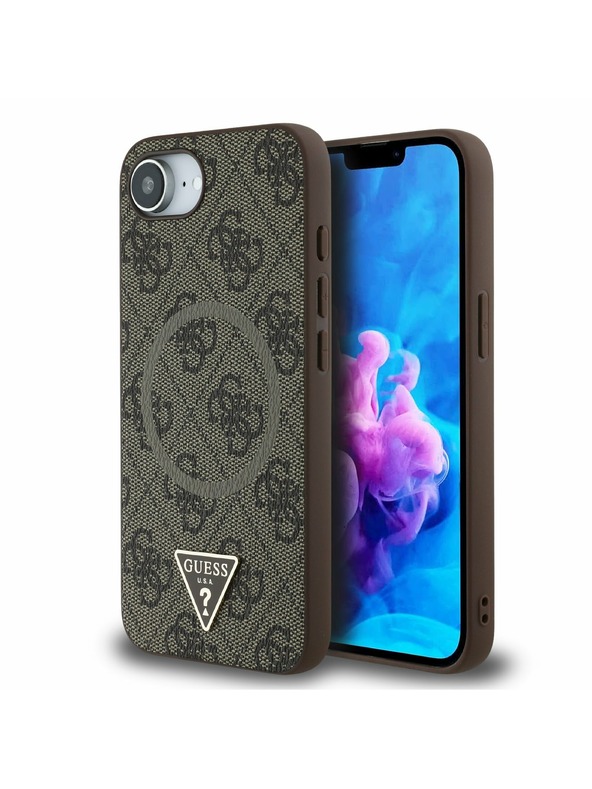 Guess Guess PU 4G Strass Triangle Metal Logo Zadní Kryt pro iPhone 16e Brown