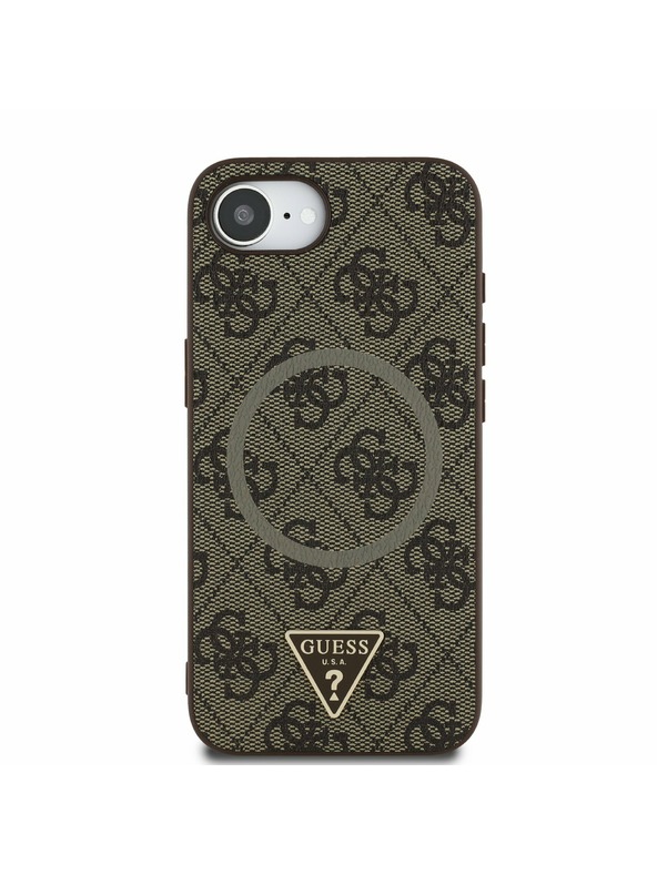 Guess Guess PU 4G Strass Triangle Metal Logo Zadní Kryt pro iPhone 16e Brown
