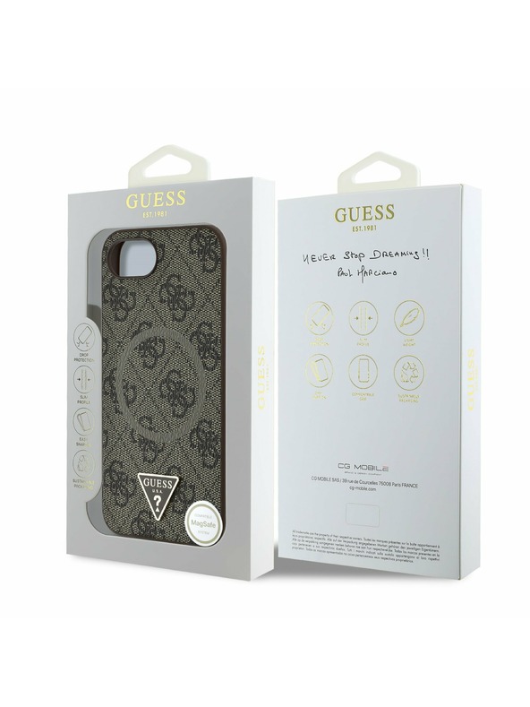 Guess Guess PU 4G Strass Triangle Metal Logo Zadní Kryt pro iPhone 16e Brown