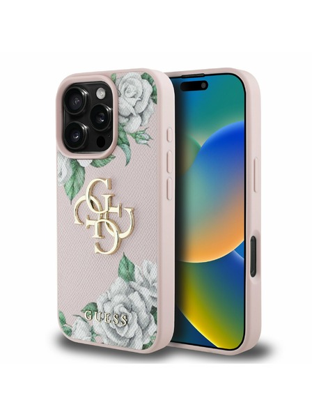 Guess Guess PU Grained Roses 4G Metal Logo Zadní Kryt pro iPhone 16 Pro Pink