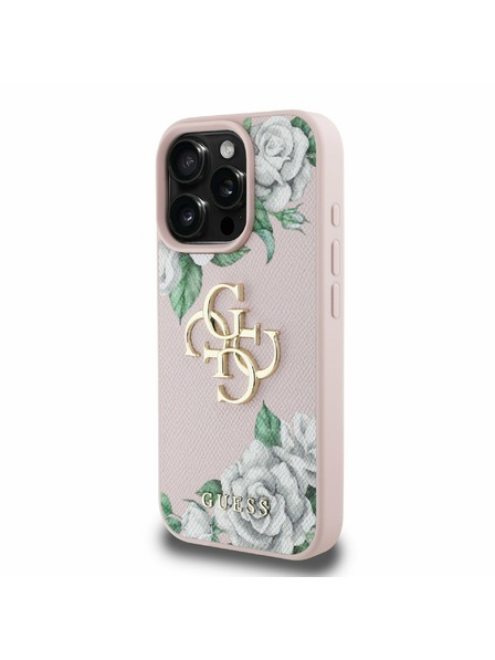 Guess Guess PU Grained Roses 4G Metal Logo Zadní Kryt pro iPhone 16 Pro Pink