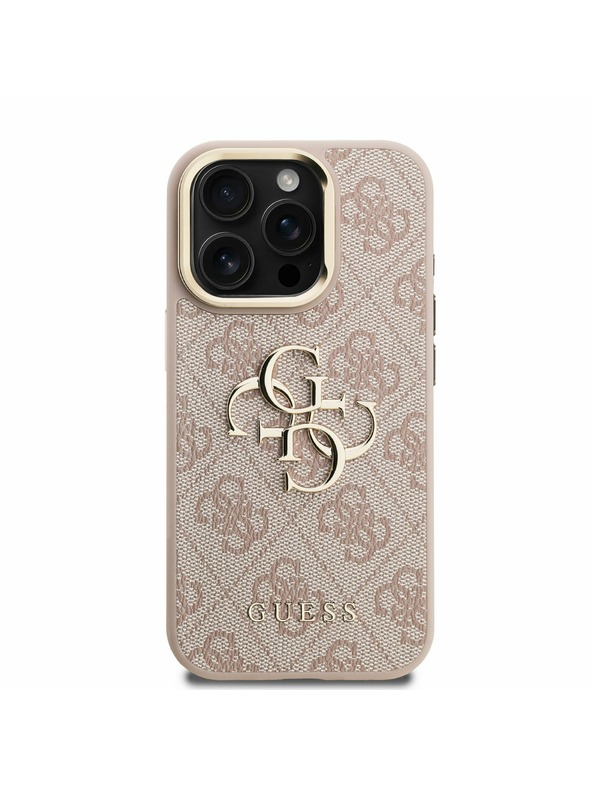 Guess Guess PU 4G Metal Logo Stand Camera Frame Zadní Kryt pro iPhone 15 Pro Pink