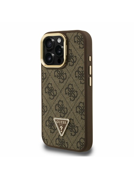 Guess Guess PU 4G Strass Triangle Logo Stand Camera Frame MagSafe Zadní Kryt pro iPhone 16 Pro Max Brown