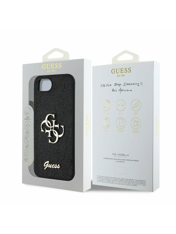 Guess Guess PU Fixed Glitter 4G Metal Logo Zadní Kryt pro iPhone 16e Black