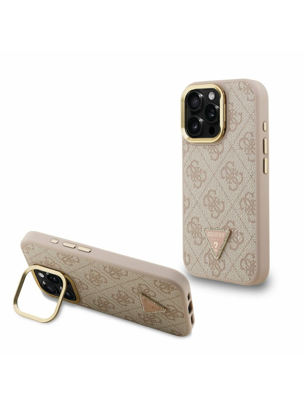 Guess Guess PU 4G Strass Triangle Logo Stand Camera Frame MagSafe Zadní Kryt pro iPhone 15 Pro Max Pink