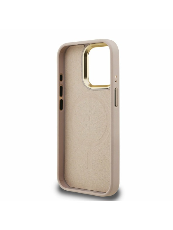 Guess Guess PU 4G Strass Triangle Logo Stand Camera Frame MagSafe Zadní Kryt pro iPhone 15 Pro Max Pink
