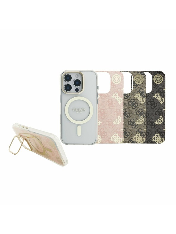Guess Guess PC/TPU Electroplated Stand Camera Frame MagSafe Zadní Kryt s Vyměnitelným Pozadím pro iPhone 16 Pro