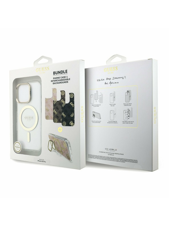 Guess Guess PC/TPU Electroplated Stand Camera Frame MagSafe Zadní Kryt s Vyměnitelným Pozadím pro iPhone 16 Pro