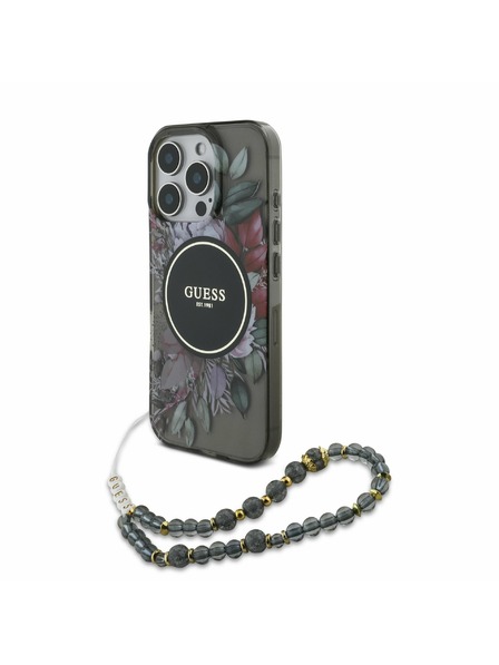 Guess Guess IML Flowers Pearl Strap MagSafe Zadní Kryt pro iPhone 16 Pro Max Black