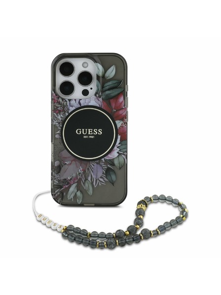 Guess Guess IML Flowers Pearl Strap MagSafe Zadní Kryt pro iPhone 16 Pro Max Black