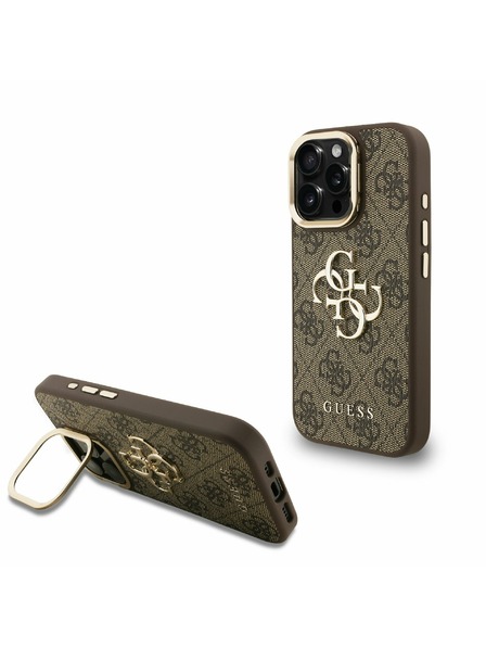 Guess Guess PU 4G Metal Logo Stand Camera Frame Zadní Kryt pro iPhone 15 Pro Brown