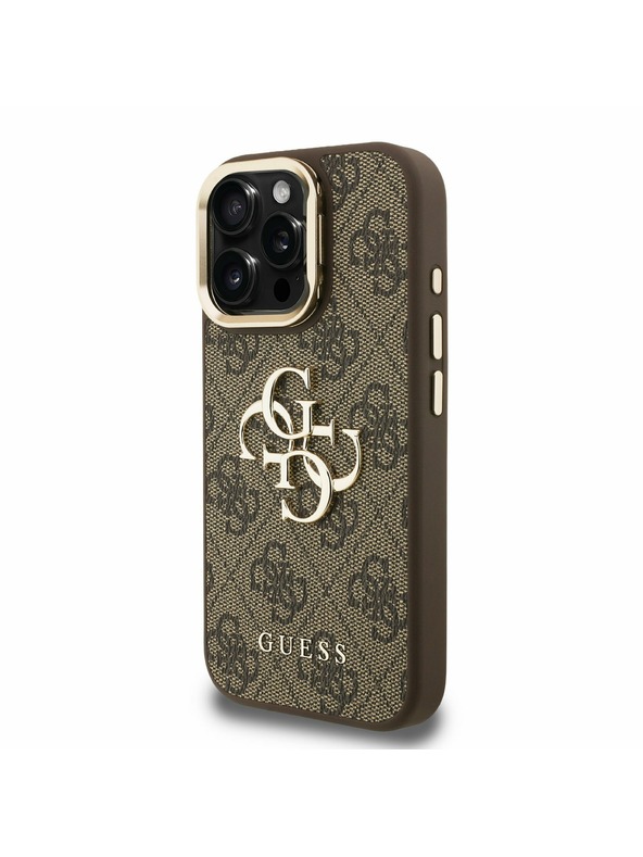 Guess Guess PU 4G Metal Logo Stand Camera Frame Zadní Kryt pro iPhone 15 Pro Brown