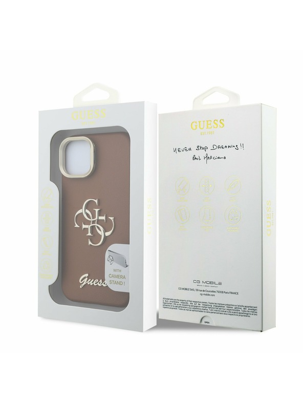 Guess Guess PU Grained 4G Logo Stand Camera Frame Zadní Kryt pro iPhone 14 Brown