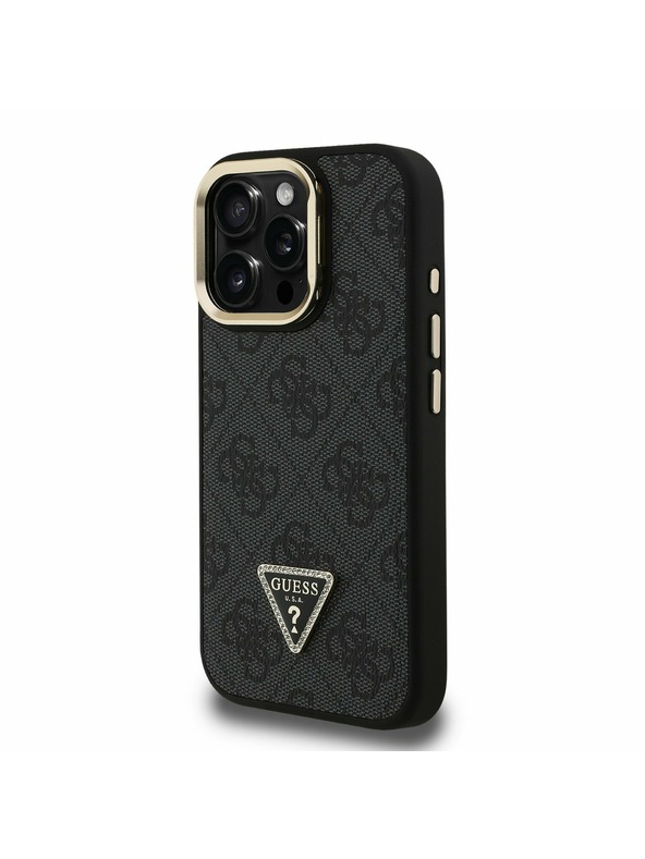 Guess Guess PU 4G Strass Triangle Logo Stand Camera Frame MagSafe Zadní Kryt pro iPhone 15 Pro Max Black