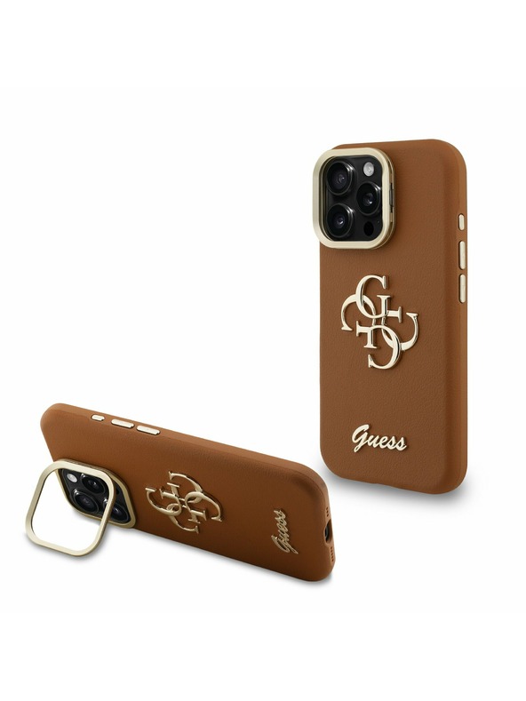 Guess Guess PU Grained 4G Logo Stand Camera Frame Zadní Kryt pro iPhone 16 Pro Brown