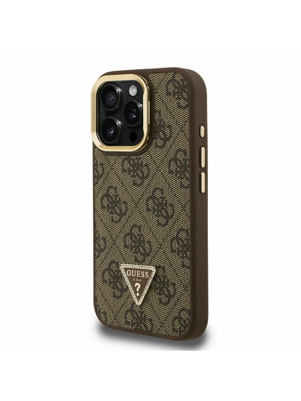 Guess Guess PU 4G Strass Triangle Logo Stand Camera Frame MagSafe Zadní Kryt pro iPhone 15 Pro Brown