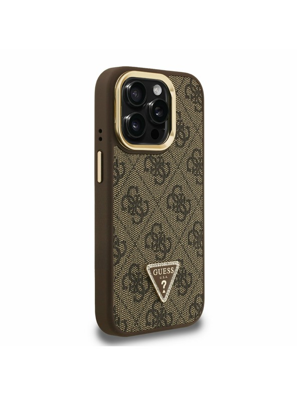 Guess Guess PU 4G Strass Triangle Logo Stand Camera Frame MagSafe Zadní Kryt pro iPhone 15 Pro Brown