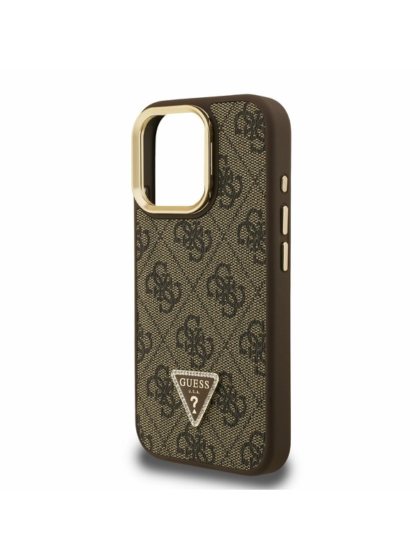 Guess Guess PU 4G Strass Triangle Logo Stand Camera Frame MagSafe Zadní Kryt pro iPhone 15 Pro Brown