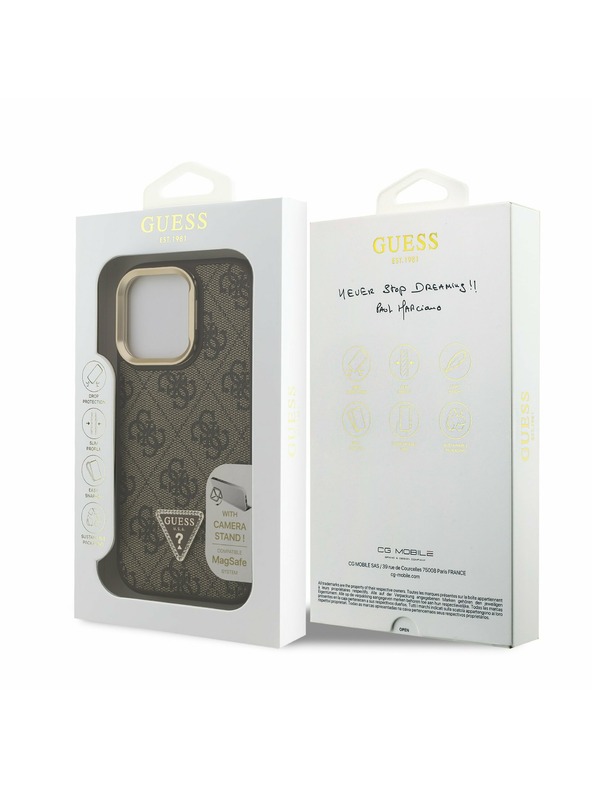 Guess Guess PU 4G Strass Triangle Logo Stand Camera Frame MagSafe Zadní Kryt pro iPhone 15 Pro Brown