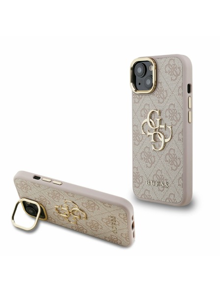 Guess Guess PU 4G Metal Logo Stand Camera Frame Zadní Kryt pro iPhone 15 Pink