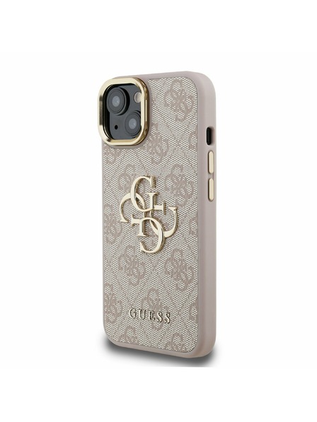 Guess Guess PU 4G Metal Logo Stand Camera Frame Zadní Kryt pro iPhone 15 Pink