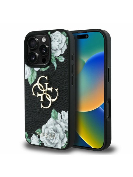 Guess Guess PU Grained Roses 4G Metal Logo Zadní Kryt pro iPhone 16 Pro Black