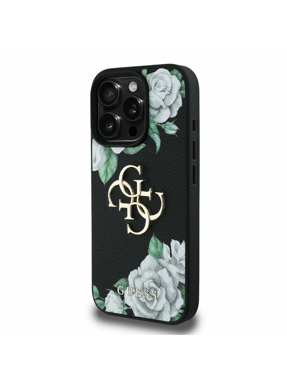 Guess Guess PU Grained Roses 4G Metal Logo Zadní Kryt pro iPhone 16 Pro Black