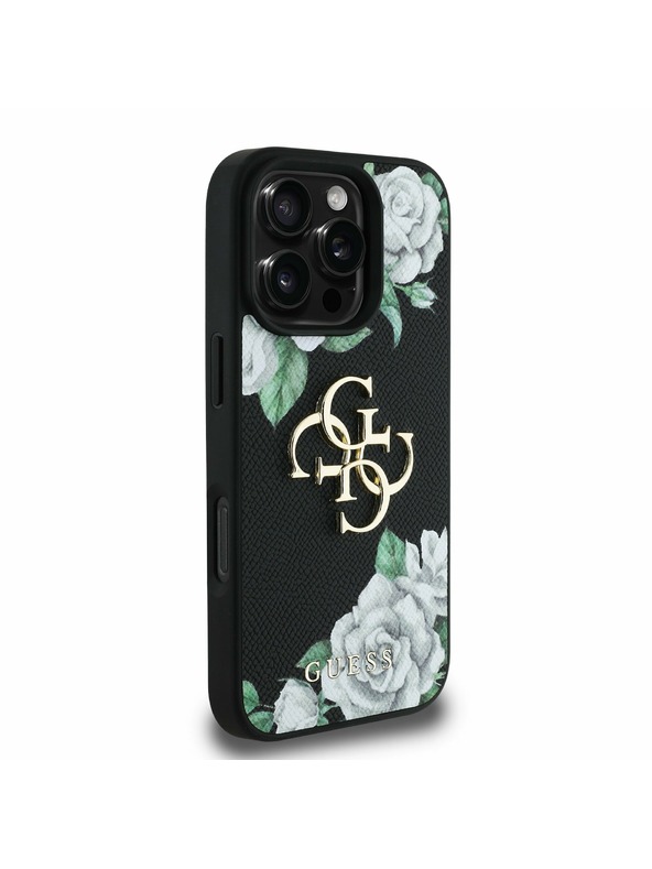 Guess Guess PU Grained Roses 4G Metal Logo Zadní Kryt pro iPhone 16 Pro Black