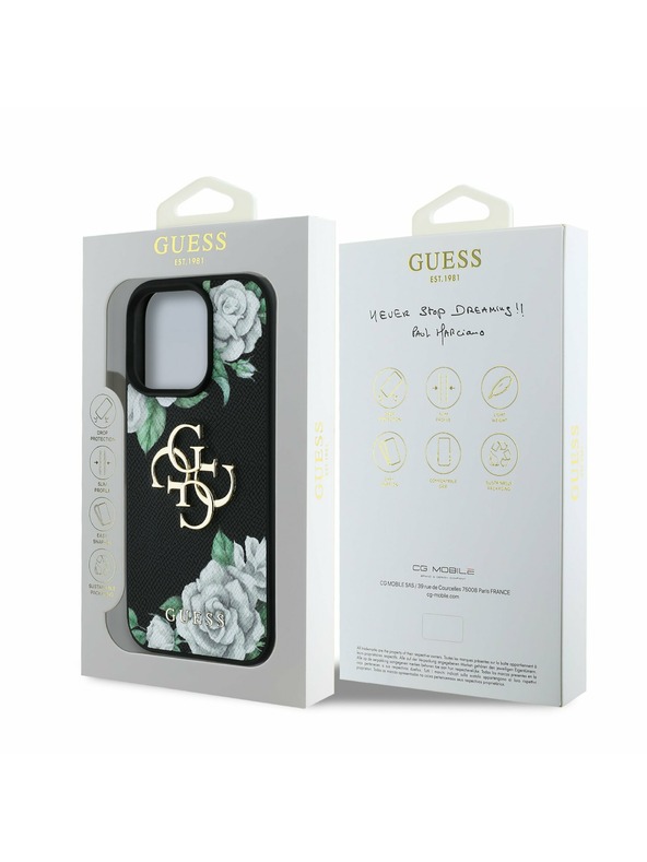 Guess Guess PU Grained Roses 4G Metal Logo Zadní Kryt pro iPhone 16 Pro Black