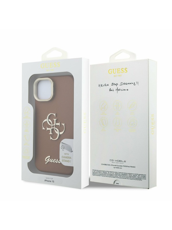 Guess Guess PU Grained 4G Logo Stand Camera Frame Zadní Kryt pro iPhone 15 Brown